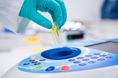 Insert the cuvette into the spectrophotometer for DNA, microbiological or urinanalysis analysis.の写真素材