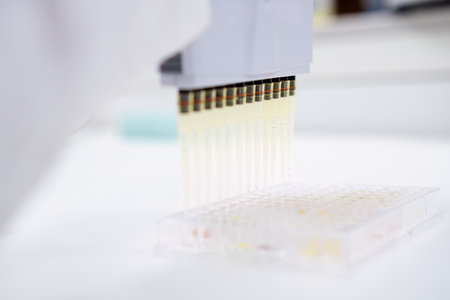 Scientist employs a multichannel pipette dispenser to load microplates for scientific testsの写真素材