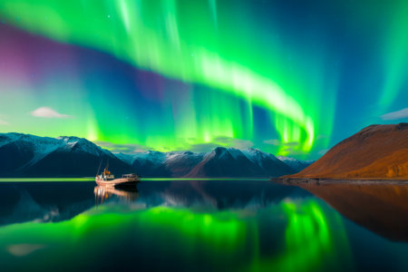 In the serene fjord, a ship glides beneath the vibrant hues of the Aurora borealis that light up the night sky. Generative AI.の素材