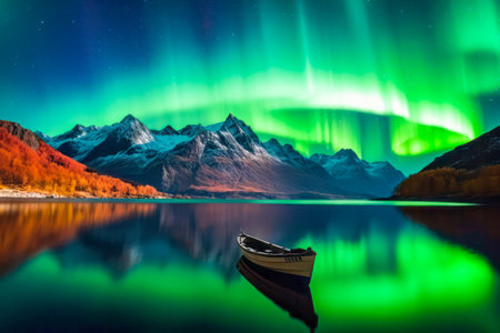 Ship sails through the fjord, vibrant hues of the Aurora borealis illuminate the night sky. Generative AI.の素材