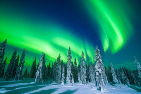 Behold the otherworldly radiance of the Aurora borealis in Laplands Finland. Generative AI.の素材