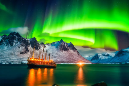 Behold the captivating beauty of the Aurora borealis as it fills the night sky with vibrant colors, while a ship sails serenely through the peaceful fjord. Generative AI.の素材