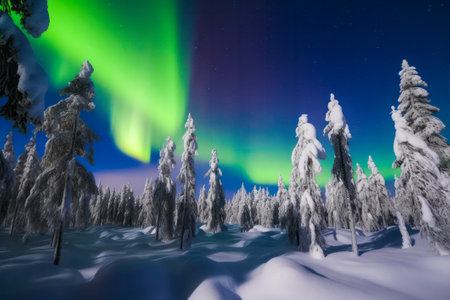 Laplands magical Aurora borealis: a breathtaking display of northern lights in Finland. Generative AI.の素材