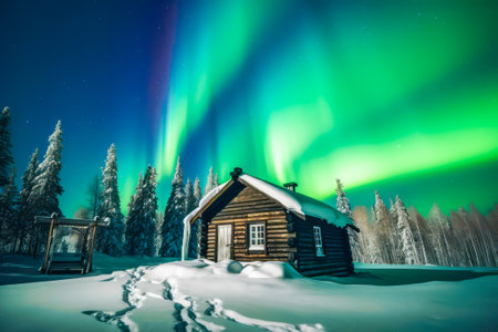 The celestial beauty of the Aurora borealis shines above the cozy wooden house, blending harmoniously with the serene forest. Generative AI.の素材