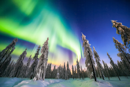The magical Aurora borealis dances across the night sky, illuminating a wooden house nestled in the enchanting forest. Generative AI.の素材