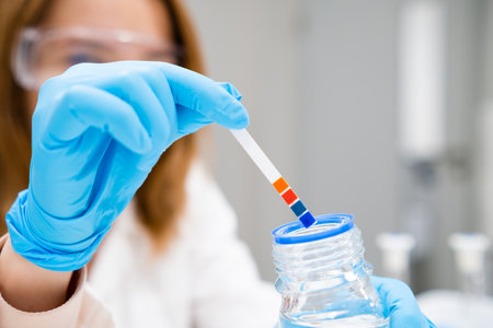 Young female scientist in white lab coat measures pH of the solution using indicator paper.の写真素材