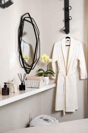 Bathrobe, mirrors, towels and dispensers in spa salon. Modern interior, vertical photoの写真素材