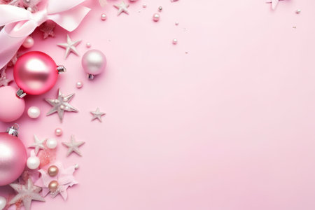 Pink Pastel Background with Confetti and Stars Top View. Flat lay, copy space. Generative AIの素材