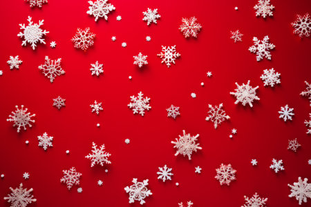 Snowflakes Arranged in Flat Lay Composition on Red Background. Generative AIの素材