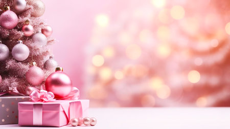 Christmas Tree and Gift Boxes with Copy Space. Generative AI.の素材