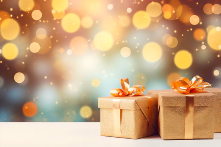 Radiant Gift Boxes and Stars near Decorated Tree with Copy Space. Generative AI.の素材