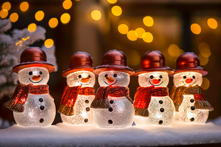 The Christmas Party of the Snowman Family. Greeting card or poster. Generative AI.の素材