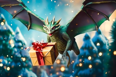 Green Dragon with gift box on Christmas. New Year celebration concept. Generative AI.の素材