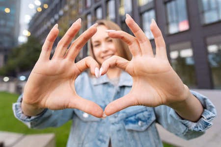 Attractive blonde woman shows her heart by hands, wears a casual jean jacket , standing near a modern building.の写真素材