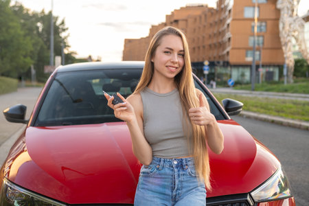 Young female customer buys a new red car and raises the key.の写真素材
