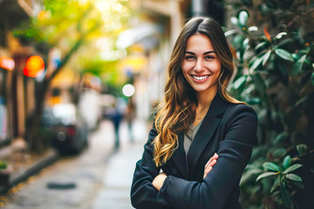 A Woman Smiling in Front of a Treeの素材