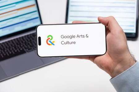 Google Arts and Culture application logo on the screen of smart phone in mans hand, laptop and tablet are on the table in the background, December 2023, Prague, Czech Republic.のeditorial素材
