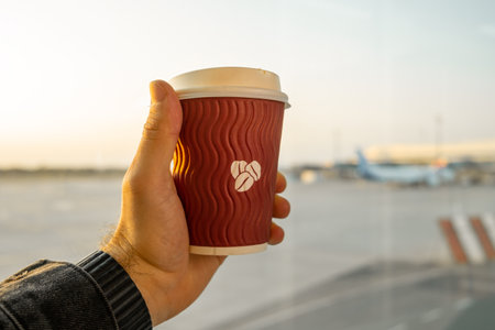 Cup of coffee in man hand with a aircraft on the background.