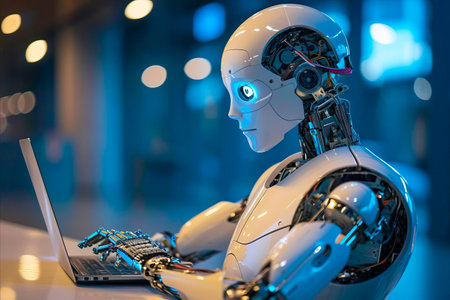 A Robot Sitting on a Table Using a Laptopの素材