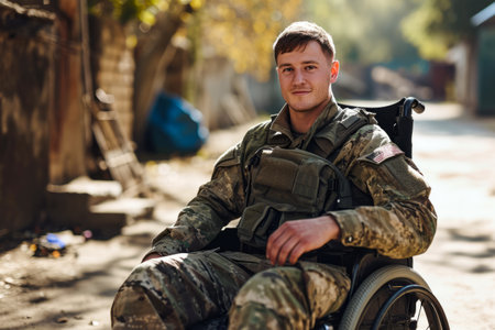A man soldier in a wheelchair is seated on the ground at a park, enjoying the outdoors.の素材
