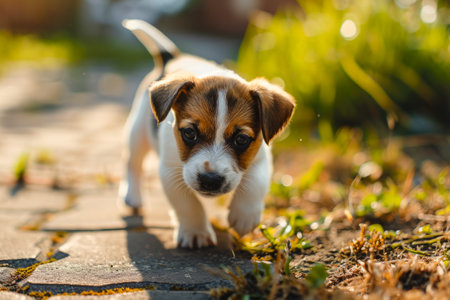 A small brown and white dog confidently walks on a busy urban sidewalk.の素材