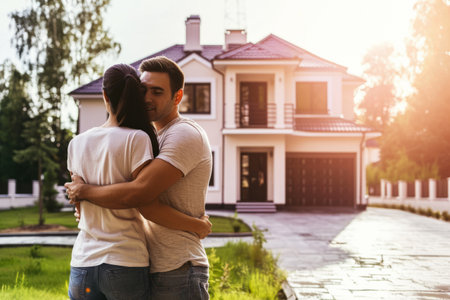 Happy Man and Woman Standing in Front of Newly Built Houseの素材