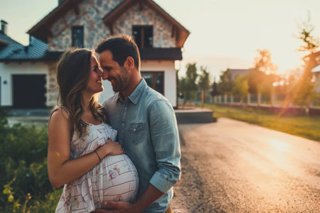 Expectant Couple Poses Proudly Outside Newly Built Home With Joyful Anticipationの素材