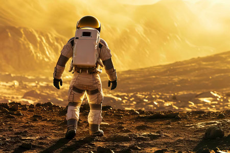 A Lone Astronaut Exploring the Uncharted Terrain of a Barren Planetの素材