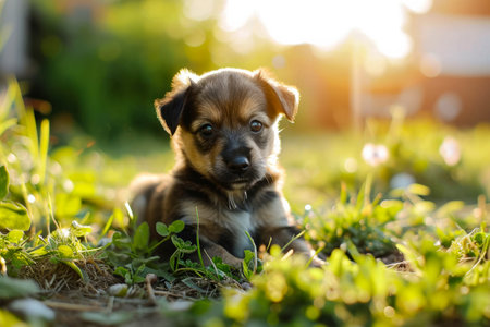 A small brown and black dog peacefully rests on the grass, with its body relaxed and its gaze focused on the surroundings.の素材