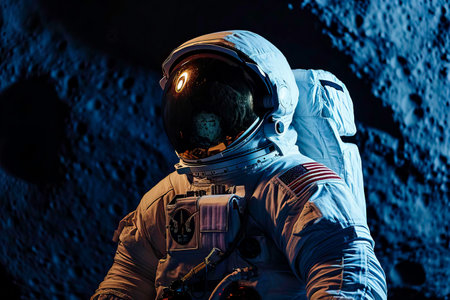 A Man in a Space Suit Standing in Front of a Blue Backgroundの素材
