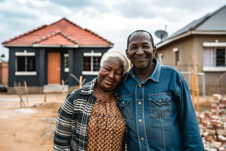 Happy Couple Standing in Front of Their New House, Excited About Their New Beginningの素材