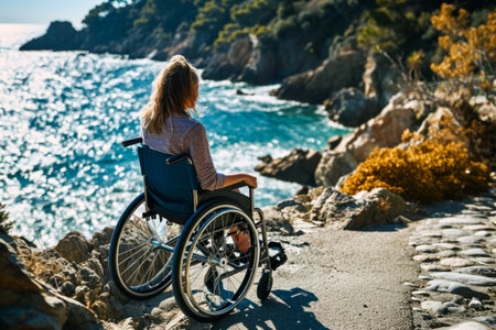 A woman in a wheelchair gazes thoughtfully at the expansive and serene view of the ocean.の素材