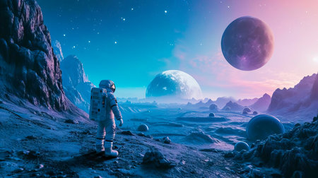 A Lone Astronaut Exploring the Uncharted Terrain of an Alien Worldの素材