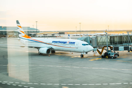 Boarding for passengers is set to begin as the Smartwings aircraft is ready on the runway, January...