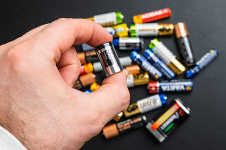 BERLIN , GERMANY - APRIL 14 2024: Small used CR2 alkaline batteries of AA size in mans hand and on...