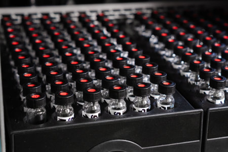 Close up glass vials with black caps in autosampler in HPLC ready for analysis.の写真素材