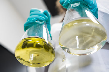 Chemist in lab coat and rubber gloves vigorously shaking yellow samples before analysisの写真素材