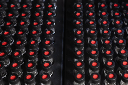 Top view of glass HPLC vials with black caps in autosampler.の写真素材