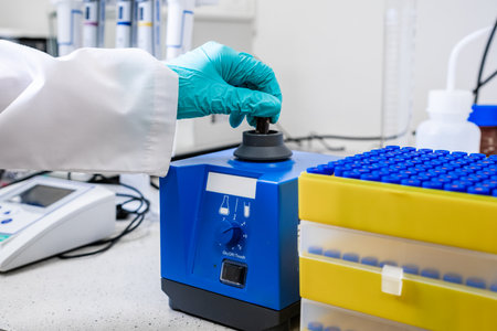 Laboratory worker mixes samples with a vortex mixer in preparation for HPLC analysisの写真素材