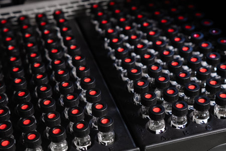 Samples in glass vials with black caps are awaiting analysis in the autosampler of the HPLC systemの写真素材