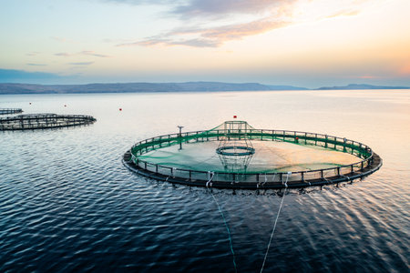 Fish farm at sunrise with circular nets in calm waters and distant mountains in the background.の写真素材