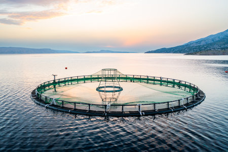 Fish farm setup on calm waters at sunset in a rural location.の写真素材