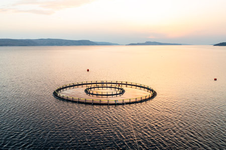 Fish farm at sunset with circular nets in tranquil waters, showcasing aquaculture techniques.の写真素材