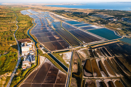 Aerial view of vibrant salt pans reflecting sunset hues near a serene coastline and lush landscape.の写真素材