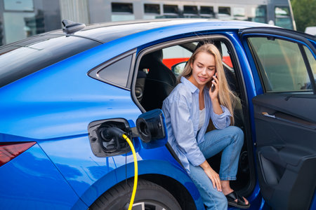 Woman sits in her electric vehicle making a phone call as it charges in an urban setting.の写真素材