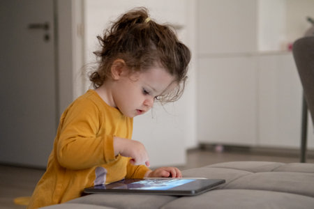 Little girl learning to draw digitally with a tablet in the living room. Playful and educational screen time for kids.の写真素材