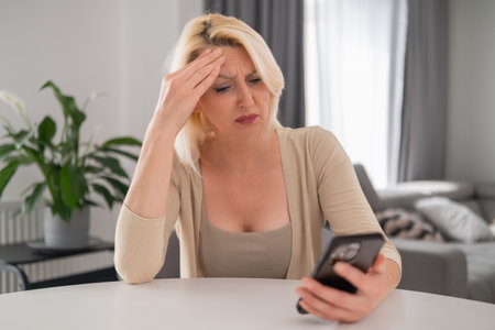 Middle aged blonde woman sitting alone in cozy living room, holding smartphone and staring at screen with pensive and worried look, reflecting stress and uncertainty of modern lifeの写真素材