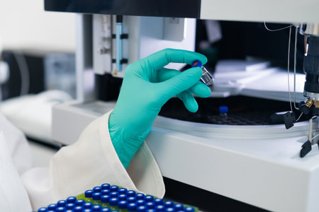 Close up woman scientist in rubber gloves puts the vial to HPLC system with auto sampler. Chemical and clinical analysisの写真素材