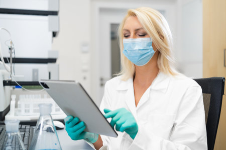 Blonde woman in protective lab mask and gloves writing down chemical experiment outcomes on a tablet in a modern laboratory with HPLC, flasks, and other instrumentsの写真素材