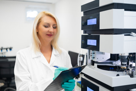 Senior female scientist in a white lab coat making detailed notes during HPLC analysis in a modern...